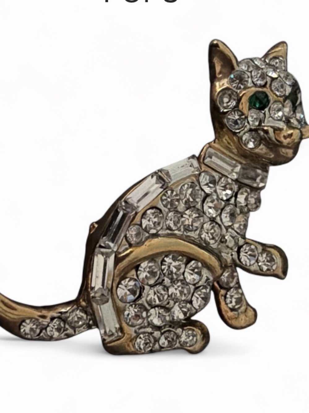 Vintage Rhinestone Cat Brooch Gold Tone MetL With Clear Crystals Costume Jewelry
